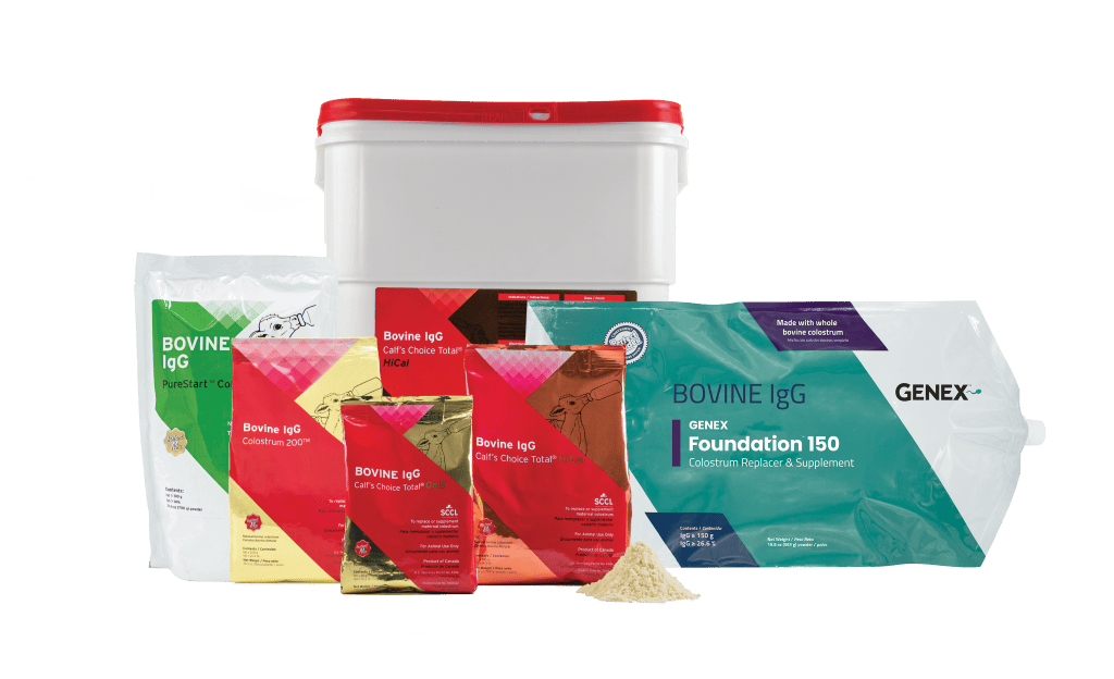 bags and buckets of colostrum products for calves