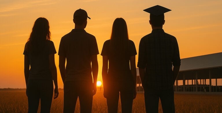 silhouettes of students standing in a field with a freestall barn in the background