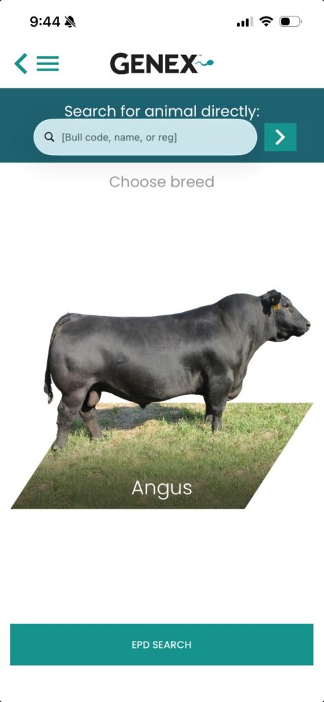 GENEX Beef App sire search feature