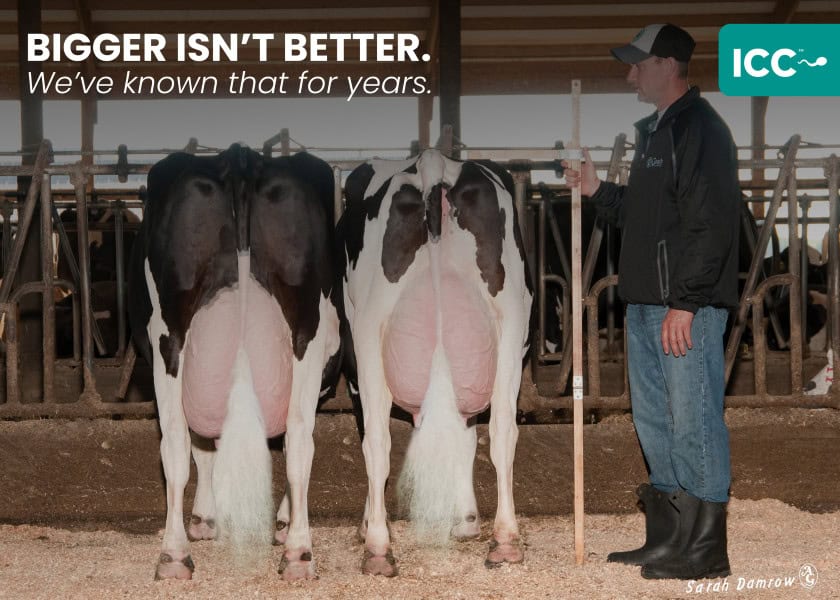 Two black-and-white Holstein cows stand side by side as a man measures their height in a dairy barn.