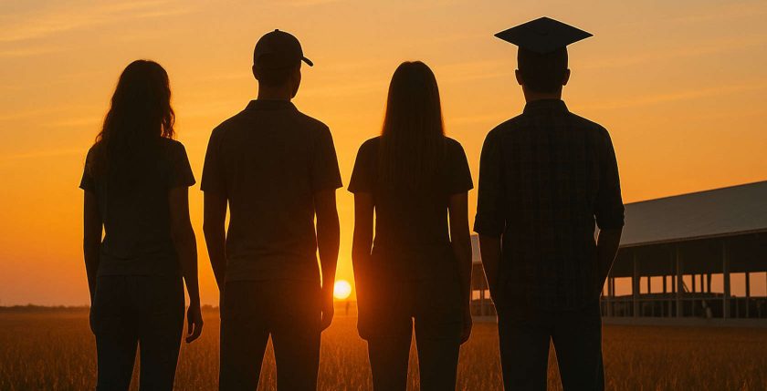 silhouettes of students standing in a field with a freestall barn in the background